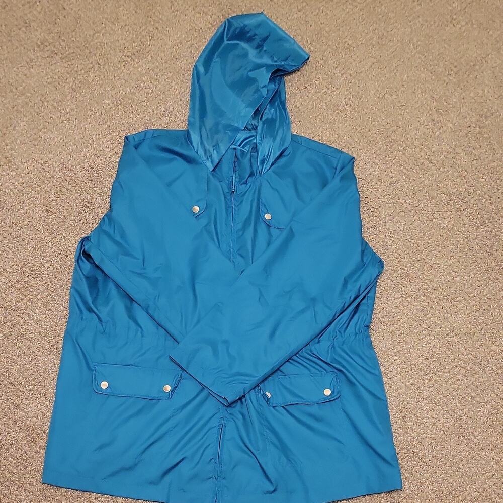 Blue Hooded Rain Coat Mid-Length Snap Zip Plus Size 1X Women's Jacket